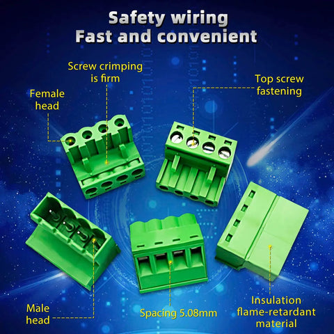15 Pairs 4 Pin 5.08mm Pitch PCB Mount Screw Terminal Block Connector Kit With 15 4 Pin Plugs, displayed with labels.