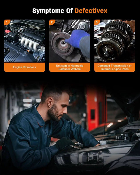 Mechanic inspecting engine symptoms of defective harmonic balancer including vibrations, wobble, and gear damage.