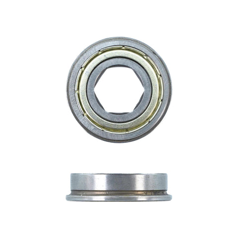 Flanged hex-bore ball bearing, 1/2 in hex bore ID, 1-1/8 in OD, 5/16 in width; front and side views.