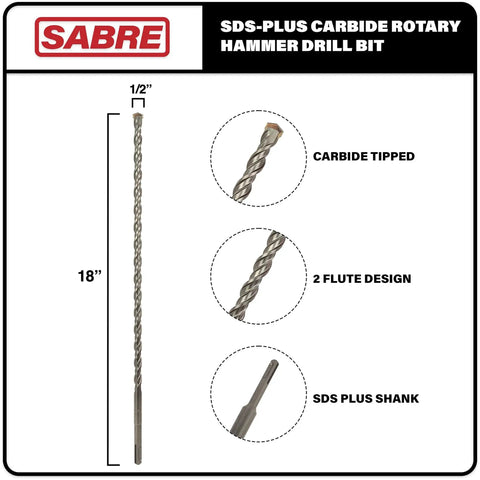 Heavy Duty SDS Plus Rotary Hammer Drill Bit For Brick, Stone And Concrete 1/2 Inch By 18 Inch Carbide Tipped Sabre Tools