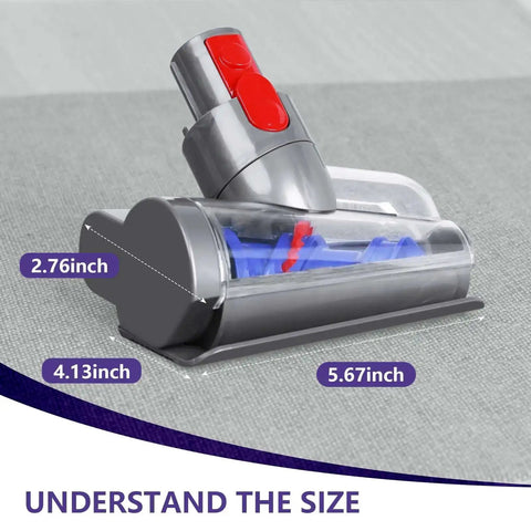Mini Motorized Vacuum Brush Head For Dyson V7 V8 V10 V11 V15 Cordless Cleaners, size dimensions, easy fit attachment displayed