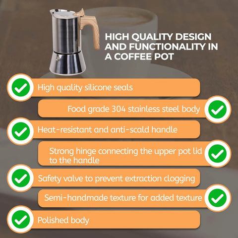 12 Cup Moka Pot Stainless Steel Coffee Maker Stovetop Espresso Coffeemaker 304 Grade Uncoated Finish Italian Classic Style