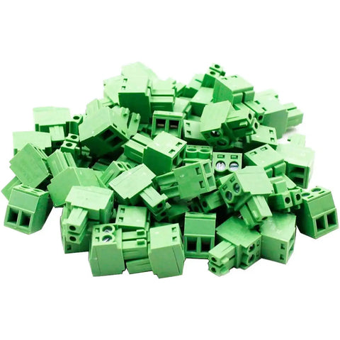Pile of green 20 Pack 2 Pin KF2EDG 3.81mm Pitch Pluggable PCB Terminal Block Panel Mount Angle Screw Connector Sockets
