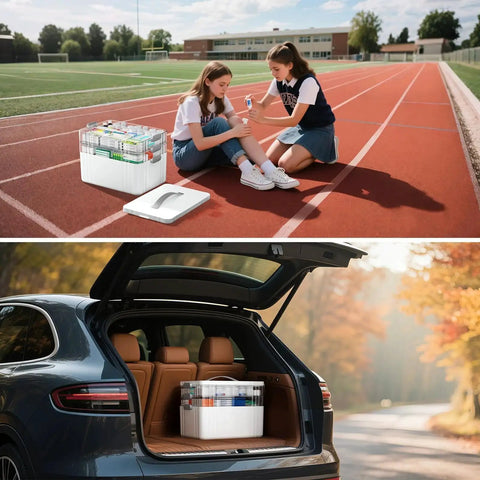 Two girls with Three Tier Portable Medicine Organizer Cabinet With Detachable Transparent Trays And Sturdy Plastic Handle on track field