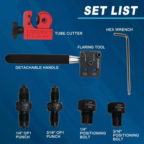 Brake Line Flaring Tool Kit For 3/16 And 1/4 Tubes With SAE 45 Degree Flares showing flaring tool, tube cutter, punches, and hex wrench.