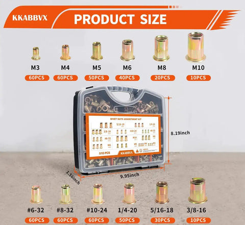 Image of Complete Rivet Nut Kit With Five Hundred Ten Pieces SAE And Metric Galvanized Carbon Steel Flat Head Threaded Rivets.