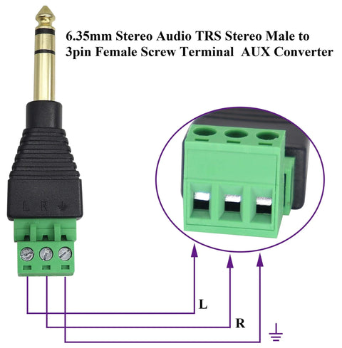 1/4 Inch TRS Audio Screw Terminal Block Adapter, 6.35mm Male to 3 Pin Female Bolt Screw Terminals, Solderless DIY Audio Connector