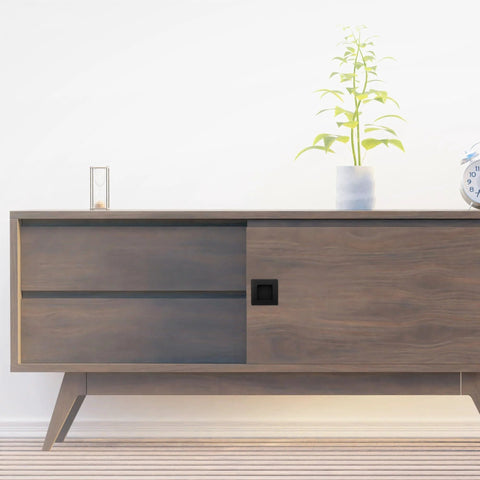 Modern wooden cabinet with Two And Three Quarters Inch Recessed Finger Flush Pocket Door Pulls In Matte Black Stainless Steel
