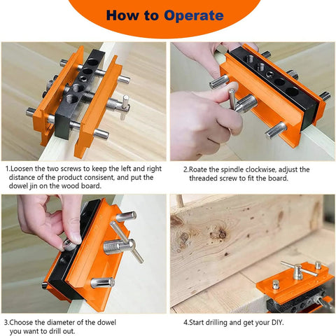 Self Centering Dowel Jig Kit With Drill Guide Bushings For Woodworking Pros, Six Hardened Steel Bushings And Drill Hole Sizes From One Quarter To One Half Inch, Dowel Jigs And Woodworking Tools For DIY Makers shown in a step-by-step guide.