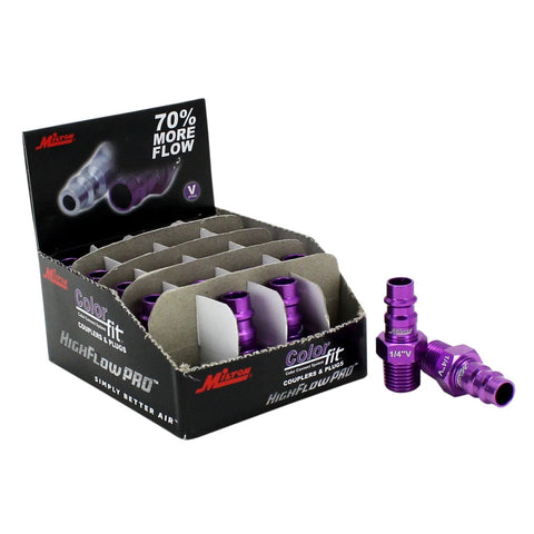 Purple Milton ColorFit HighFlowPro V-style 1/4 in NPT male plugs, box of 20