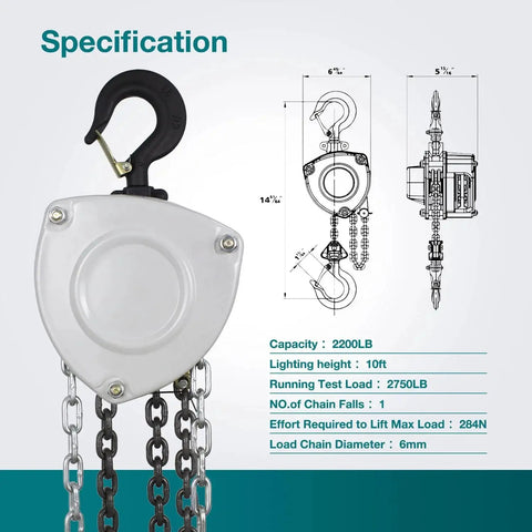 1 Ton Manual Chain Hoist 10 Ft Lift Come Along With Industrial Grade Hooks and specifications chart