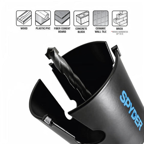 Pro Grade Tungsten Carbide Tipped Hole Saw Kit with image of a saw showing material compatibility for wood, plastic, and tile.