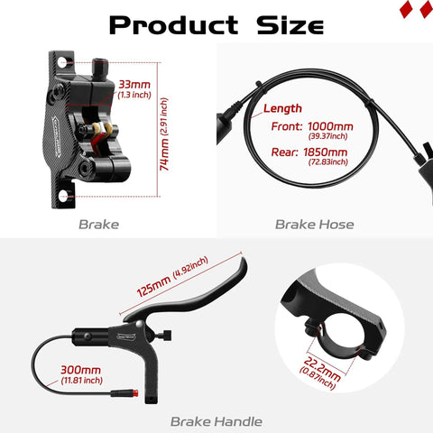 DYISLAND LD-200 two-piston hydraulic disc brake kit for e-bike, black front 1000mm rear 1850mm hoses with tools