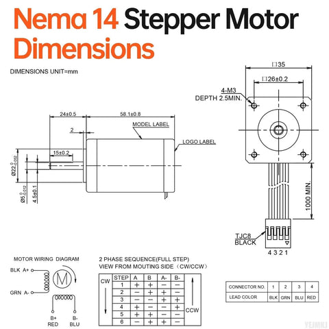 Technical drawing of Nema 14 Stepper Motor dimensions for DIY robots, CNC machines, 3D printers with wiring diagram and specifications