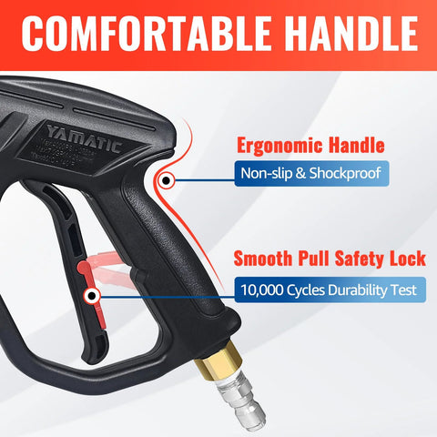 YAMATIC pressure washer gun wand with ergonomic black handle and swivel; metal nozzle tip with quick-connect fitting