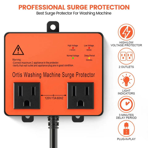 Front view of orange washing machine surge protector with time delay keeps your gear safe from power drama brownouts spikes surges