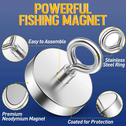 Heavy Duty Fishing Magnet 500 Lb Pulling Power 2.36 Inch Base showing stainless steel ring and neodymium core