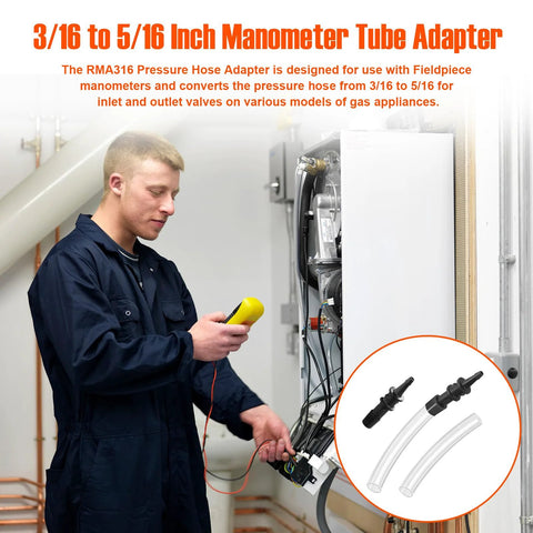 Amazon RMA316 manometer tube adapters, 2 pcs, 3/16 to 5/16 in, clear hoses with black fittings, for gas appliance valves
