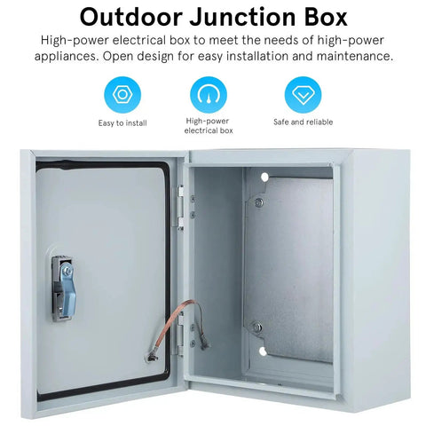 Open view of Beefy Outdoor Wall Mounted Metal Electrical Junction Box Weatherproof Control Panel Enclosure 250x300x140mm.