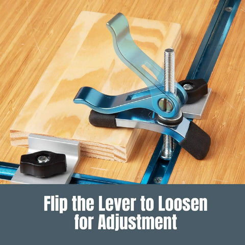 Two Pack 1/4-20 Cam Lever Clamps With 3 Inch T-Track Bolts used on a woodworking jig for quick release adjustment