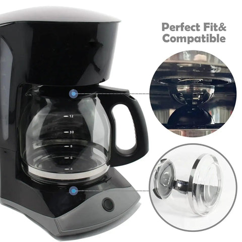 Front view of a 12-cup glass coffee carafe with a black handle; replacement PLD12 compatible with Mr. Coffee