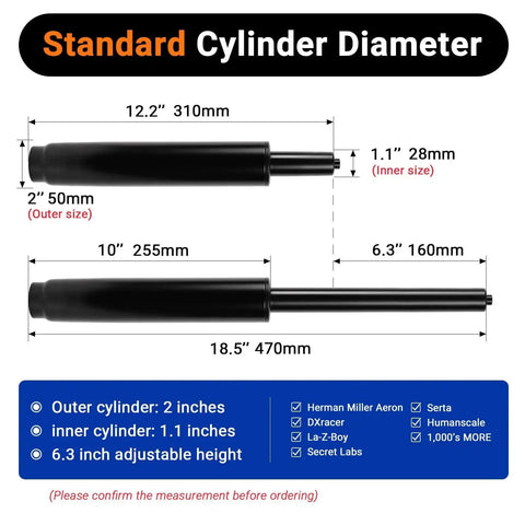 Gas Lift Chair Cylinder Replacement 6.3 Inch Travel Heavy Duty 1000 Lb Class 4 with dimensions and compatibility info