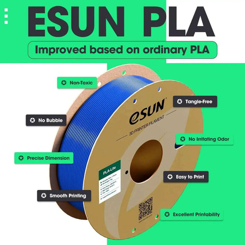 Spool of blue esun PLA filament highlighting non-toxic, tangle-free, smooth printing, and precise dimensions features