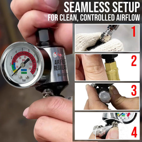 LE LEMATEC spray gun regulator with gauge, inline air filter & dryer, 1/4 in NPT; four-view collage