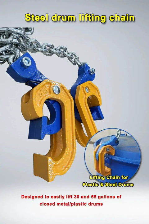 1 Ton Drum Lifting Chain With 2 Hooks For Plastic And Steel Drums 50cm Length, close-up of blue and yellow hooks