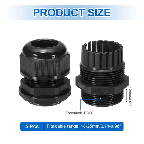 5 Pack PG29 Cable Glands Adjustable 18 To 25mm PA6 Nylon IP68 Waterproof Connectors With Seals shown in black with dimensions