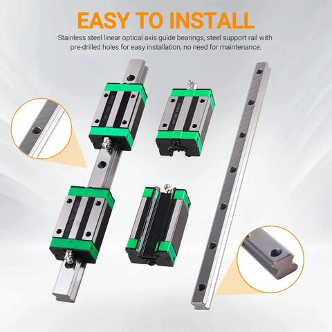 Two 600mm HGR20 linear rails with four HGH20CA square carriages for CNC machines, showing installation details and product features.