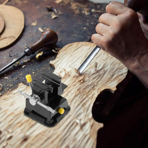 Tiny Bench Vise With Suction Base For Portable Table Mount shown in woodworking setting with carving tools.