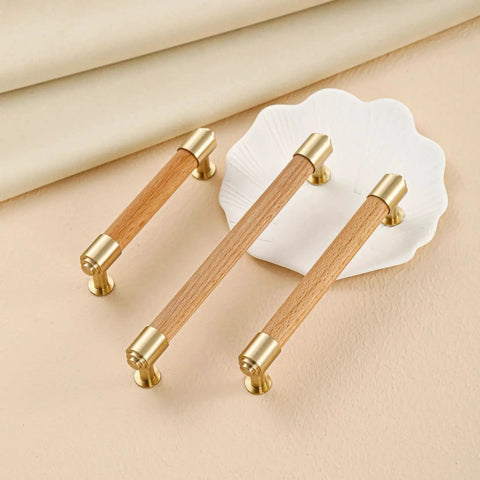 Modern Mid Century Brass And Wood Cabinet Pulls 3 Inch Center To Center Four Pack T Bar Design on beige surface