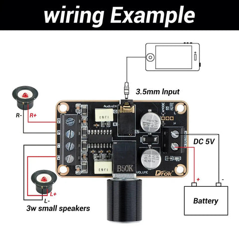 Wiring example for Compact 5W Per Channel 5W Plus 5W PAM8406 Stereo Audio Amplifier Board For 5V Supply Class D Dual Channel Power Amp