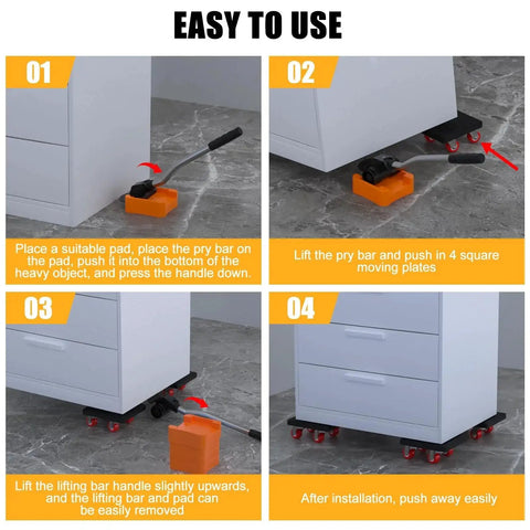 Instructional steps using Heavy Duty Furniture Movers Dolly With Anti Slip Deck And 360 Degree Swivel Wheels for moving furniture.