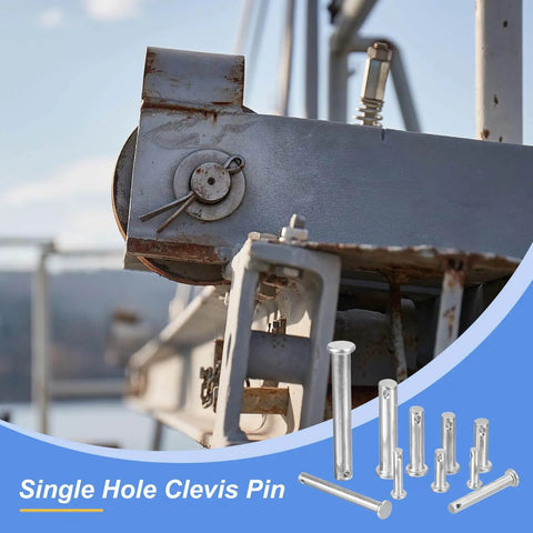 Single hole clevis pin in use on industrial equipment, 8 Pack Three Sixteenth Inch By Two Inch Single Hole Clevis Pins 304 Stainless Steel Flat Head Heavy Duty Hitch Pin For Trailer Latch Mechanic Repair Furniture Installation And Industrial Equipment visible in corner.