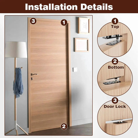 Hidden Door Hinge System Heavy Duty 360 Degree Rotation In Solid Stainless Steel Beefy Concealed Gate Hinges For Outdoor Gates 7.09 By 2.79 Inch Supports Up To 1000 Lbs Invisible Mount Sleek No Visible Hardware installation details with top, bottom hinges and door lock.