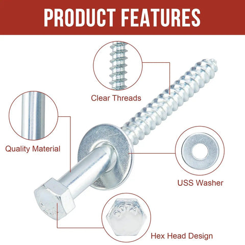Heavy Duty One Quarter Inch By Three Inch Lag Bolts Set With 100 Pieces Lag Screws And 100 Pieces USS Flat Washers Zinc Plated Carbon Steel Outdoor Wood Fasteners With Deep Sharp Threads And Hex Heads For Decks Fences And Woodworking Projects, showing a close-up of the bolt, hex head, and washer with product features highlighted.