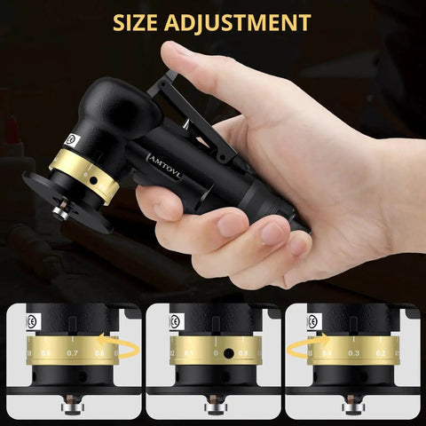 Hand holding Ultra Compact Pneumatic Chamfering Tool Kit With Ten C Angle And Ten R Angle Blades, showing size adjustment.