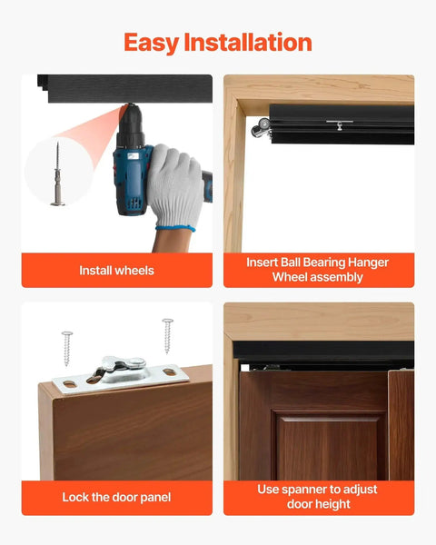 Dual Track Bypass Sliding Door Hardware Kit For Closet Doors, 5 Ft Aluminum Alloy System installation steps shown