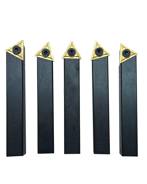 Five Piece Half Inch Shank Turning Tool Holder Set With TCMT16T304 And TCMT32 51 Indexable Carbide Inserts for metalwork.