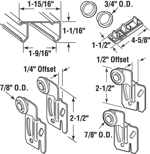 Illustration of Bypass Sliding Closet Door Track Kit, Forty Eight Inch, Two Door Hardware With Brass Plated Pulls, Includes Offset Rollers