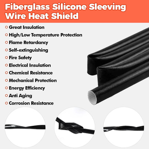 Front view of black silicone fiberglass sleeve, 3/16 in diameter, 6.6 ft length, heat shield for electrical wires