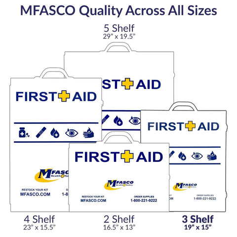 Sizes of OSHA ANSI 2021 Class B Compliant First Aid Cabinet For Workplace And Commercial Spaces Heavy Duty Metal 3 Shelf Wall Mount Kit