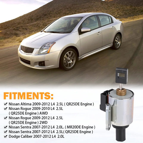 CVT step motor with silver body and black connector; fits Nissan Altima 2009-2012, Rogue, Sentra, and Dodge Caliber.