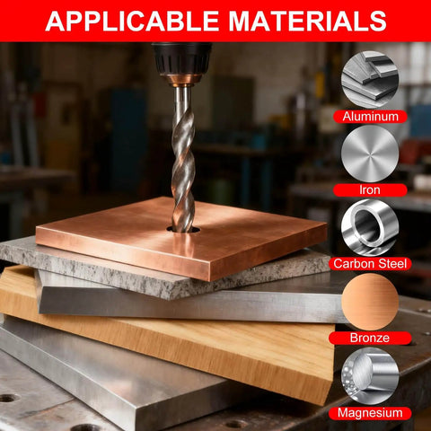 Drill showing compatibility with aluminum, iron, carbon steel, bronze, magnesium using Metric Thread Repair Kit M12x1.5 With Helicoil Style Inserts And Ten Thread Inserts, HSS Drill Bits, Taps, Installation Tool, Breaking Pin, Hex Wrench, And Carry Case, Complete Rethreading Set For Damaged Threads, Heavy Duty, No Fuss And Easy To Use