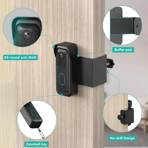 No-Drill Doorbell Mount For Newest Video Doorbell Camera, Anti-Theft 360-Degree Protection, Black installed on wooden door