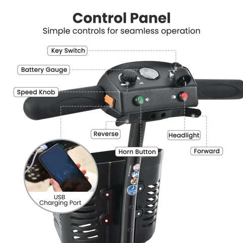 Mobility scooter control panel in black with key switch, battery gauge, speed knob, horn, headlight, USB port