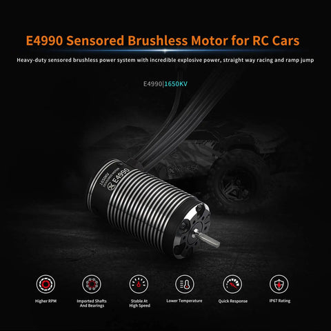 E4990 Sensored Brushless Motor for RC Cars 1650KV showing design features and specs for high performance, IP67 rating visible