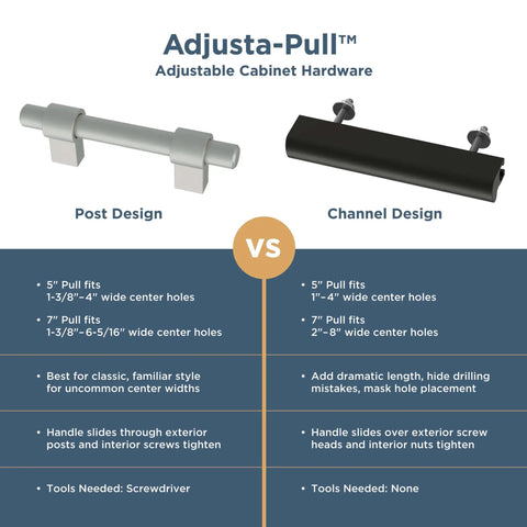 Comparison of post and channel design of Adjusta-Pull cabinet handles, showing matte black and silver finishes for hole centers 1-3/8 to 4 inch.